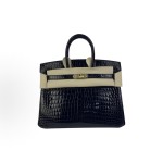 HERMES爱马仕 Birkin 25无肩带亮面倒V金扣 铂金包手提包 女款 黑色